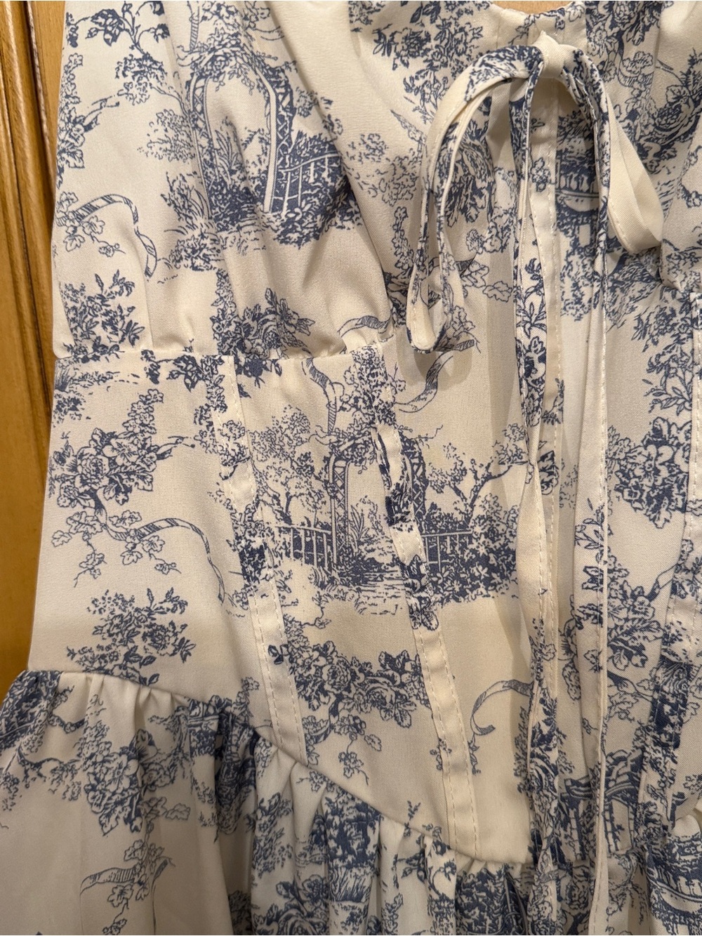 Light Cream & Blue Toile Halter Maxi Dress - Picture 11 of 12